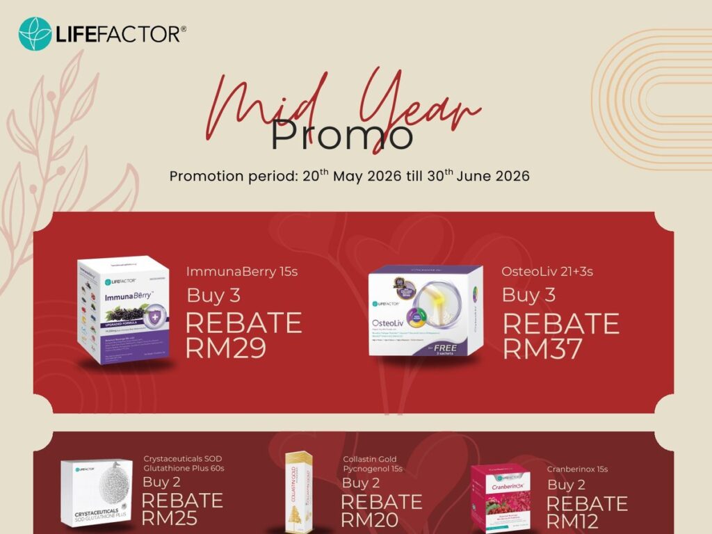 LifeFactor Mid Year Promo poster — rebates across 14 supplements at Essen Pharmacy Taman Pelangi