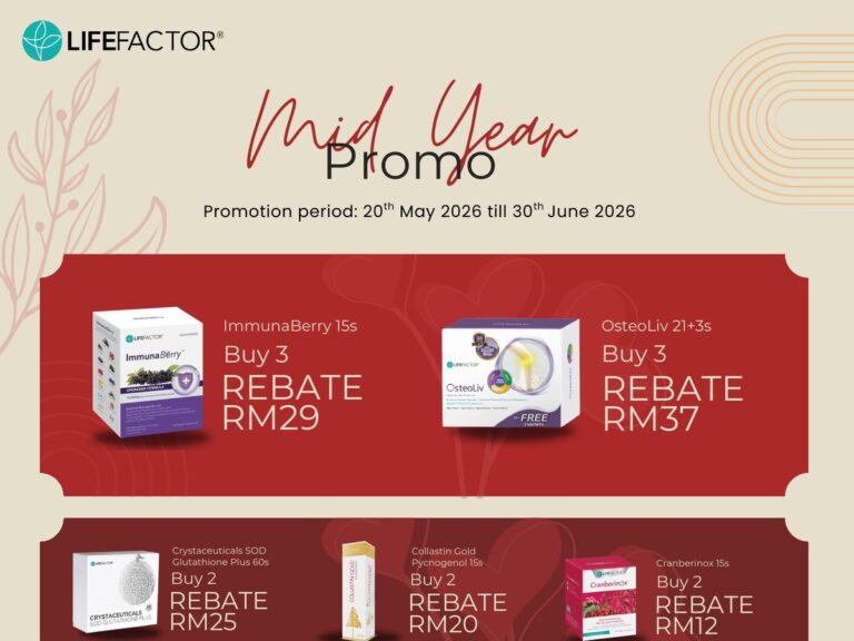 LifeFactor Mid Year Promo poster — rebates across 14 supplements at Essen Pharmacy Taman Pelangi