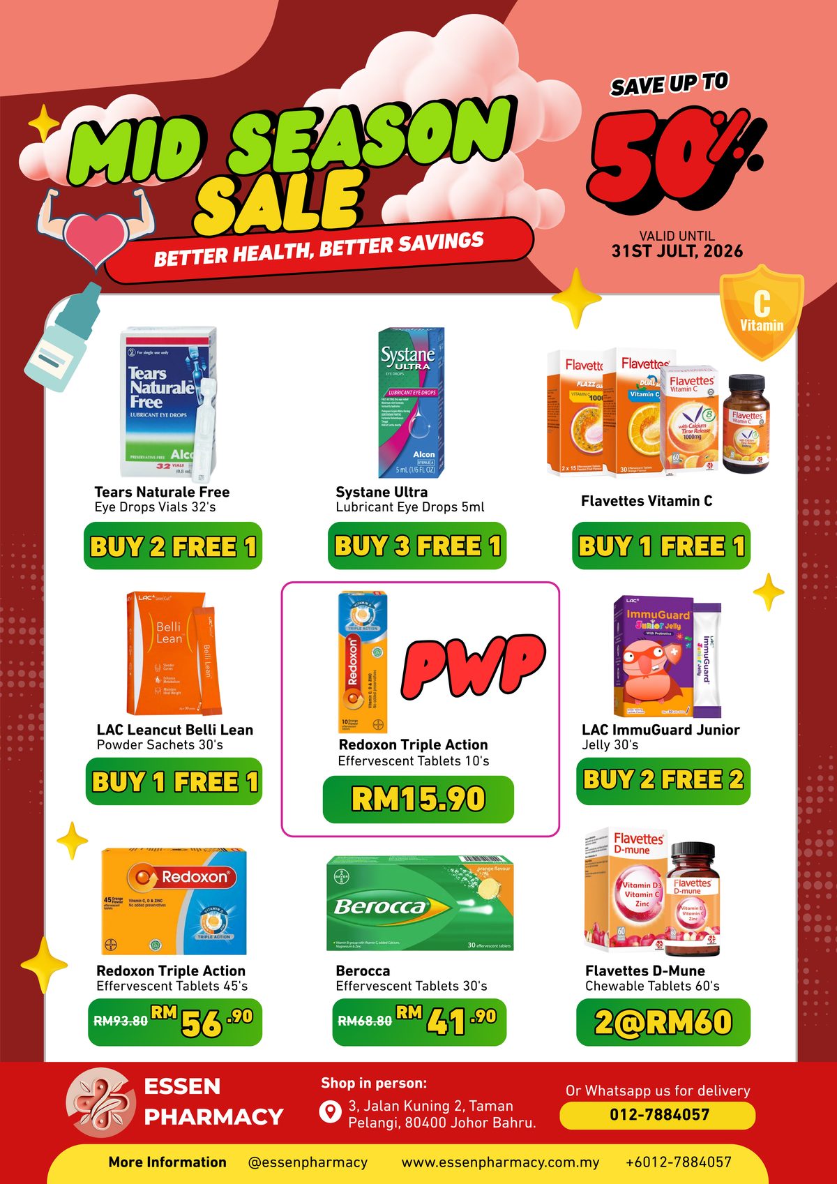 Essen Pharmacy Mid Season Sale poster — vitamins, eye drops and health deals up to 50% off, until 31 July 2026