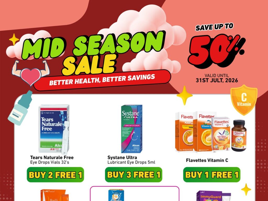Mid Season Sale — vitamins, eye drops and health deals up to 50% off at Essen Pharmacy Taman Pelangi