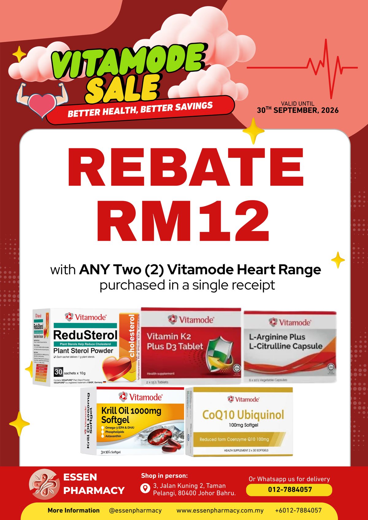 Vitamode Heart range RM12 rebate poster - buy any 2 items, Essen Pharmacy Taman Pelangi
