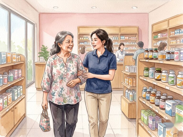Older Malaysian woman and her adult daughter walking together in a bright pharmacy — Essen Pharmacy Taman Pelangi