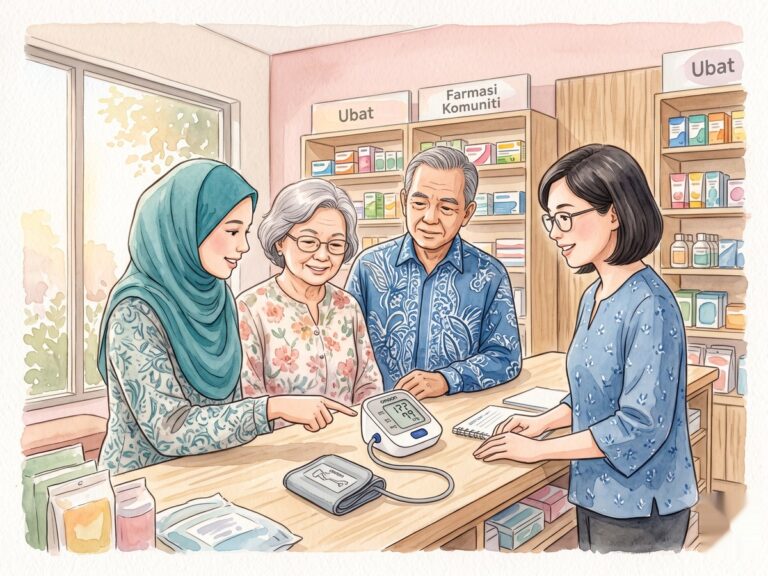 Adult daughter at pharmacy counter with her older parents — Essen Pharmacy Taman Pelangi