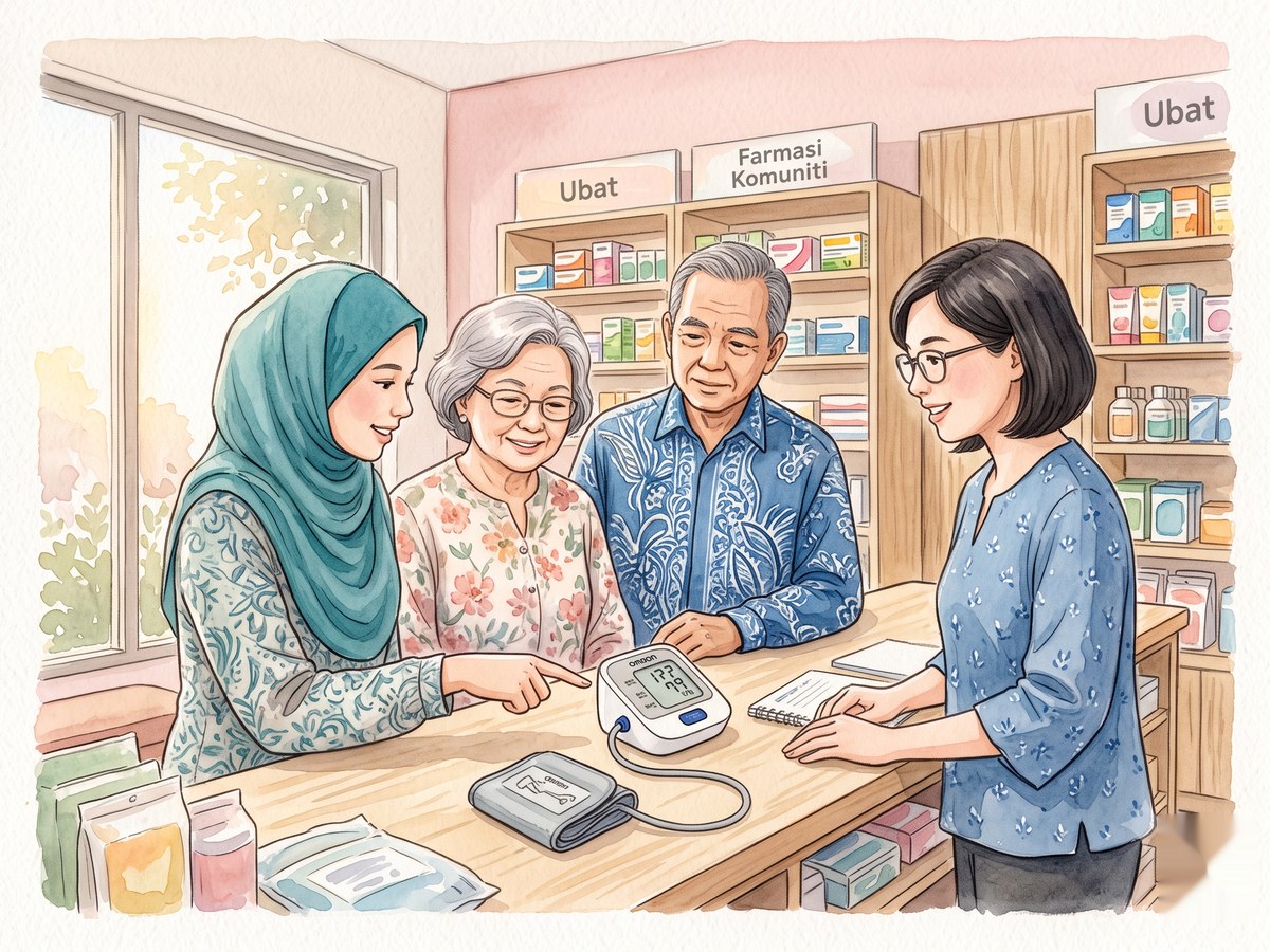 Adult daughter at pharmacy counter with her older parents — Essen Pharmacy Taman Pelangi