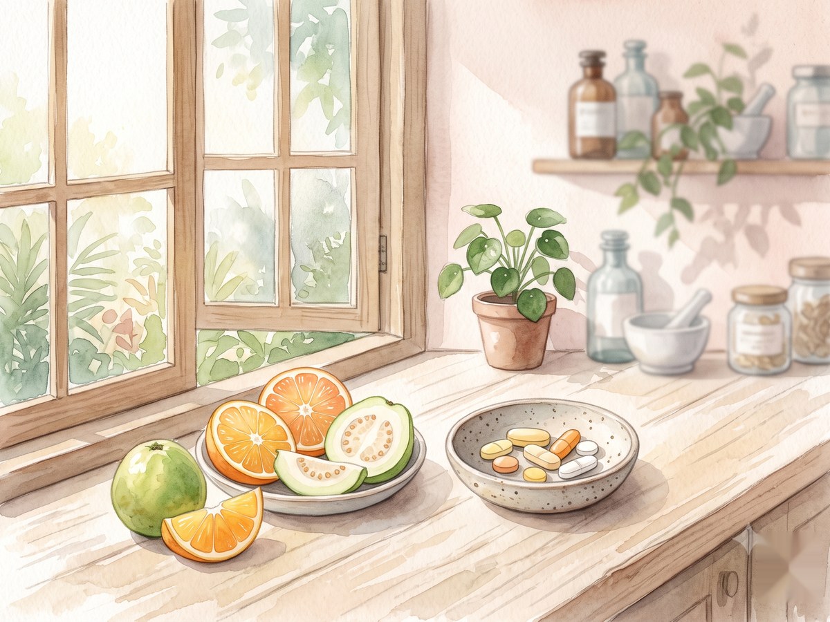 Watercolor illustration of citrus fruit and vitamin tablets in morning sunlight — Essen Pharmacy Taman Pelangi