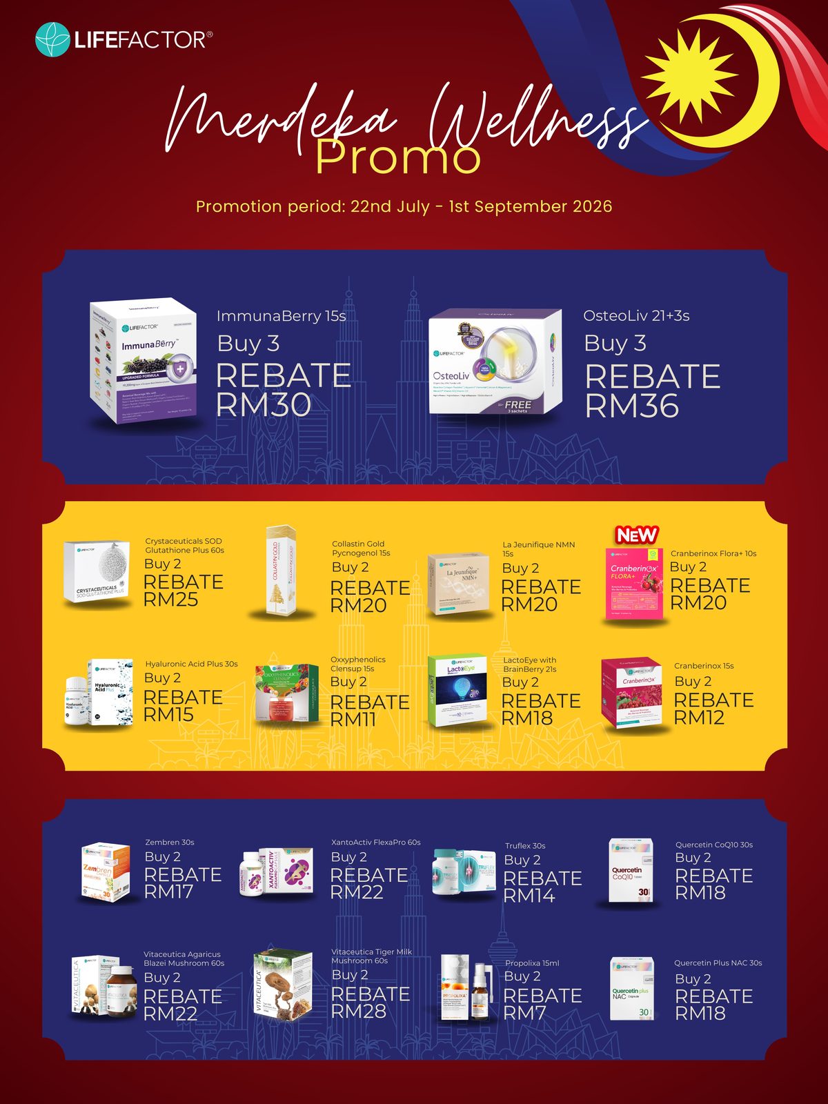 LifeFactor Merdeka Wellness Promo poster - 18 items with rebates from RM7 to RM36, Essen Pharmacy Taman Pelangi