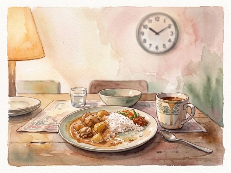 A late dinner table with rice and curry, and a clock reading past 10pm — Essen Pharmacy Taman Pelangi