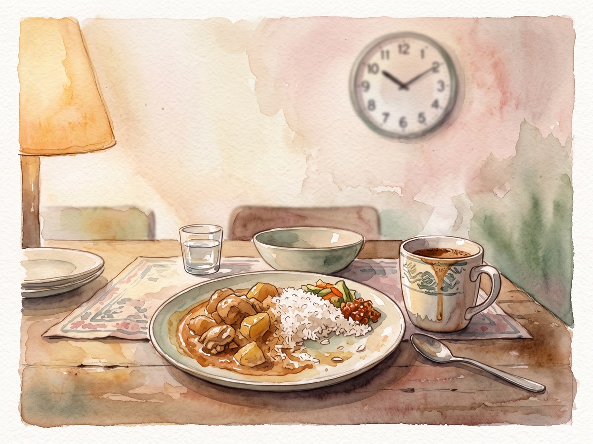 A late dinner table with rice and curry, and a clock reading past 10pm — Essen Pharmacy Taman Pelangi