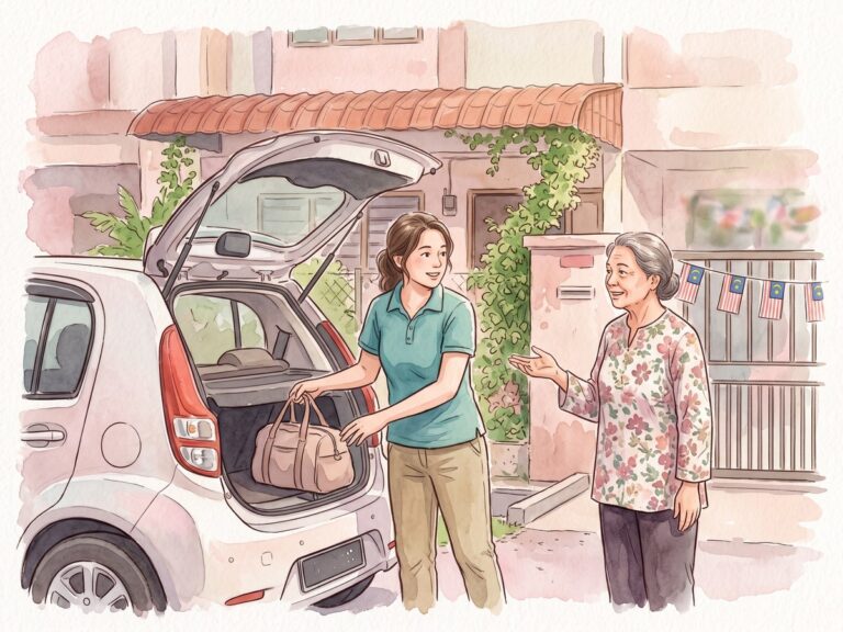 Adult daughter packing the car with her parents outside a Taman Pelangi home — Essen Pharmacy
