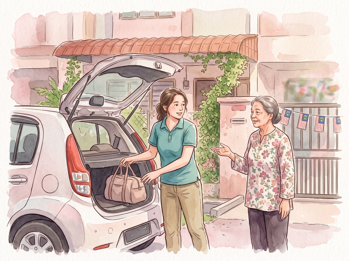 Adult daughter packing the car with her parents outside a Taman Pelangi home — Essen Pharmacy