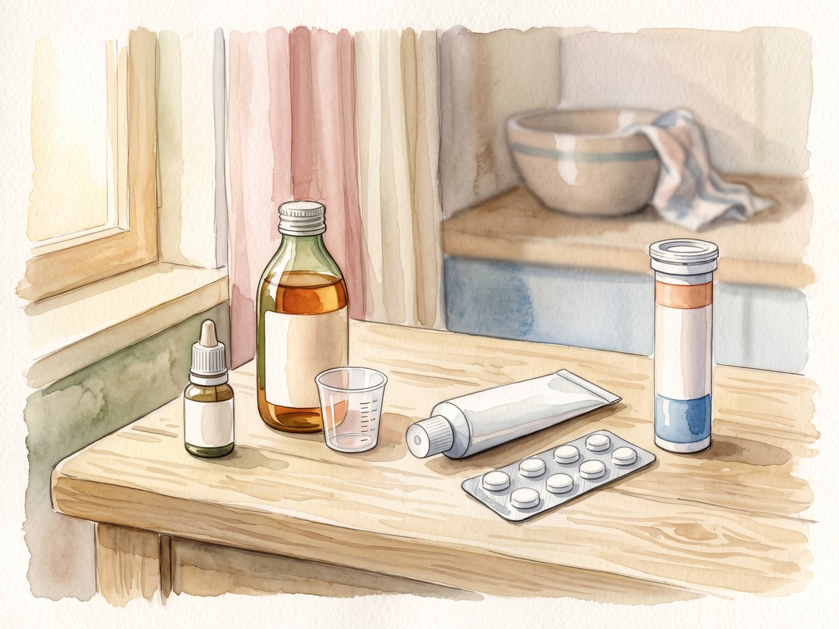 Opened medicine bottles, eye drops, and a cream tube on a kitchen counter — Essen Pharmacy Taman Pelangi